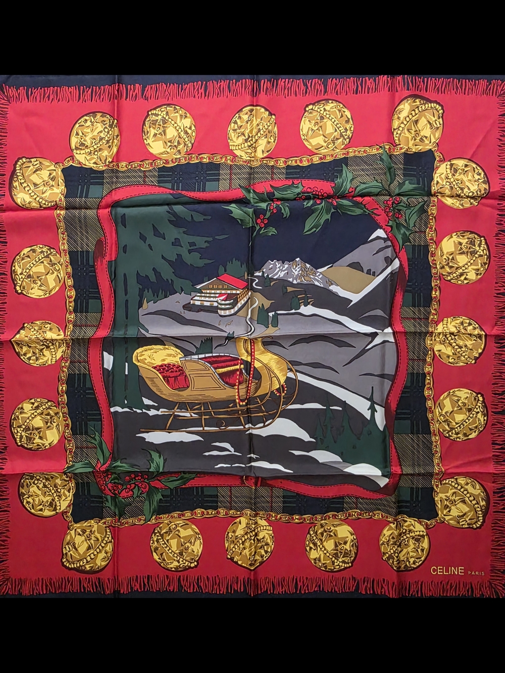 Auth Celine Paris Holiday Sleigh Silk Scarf